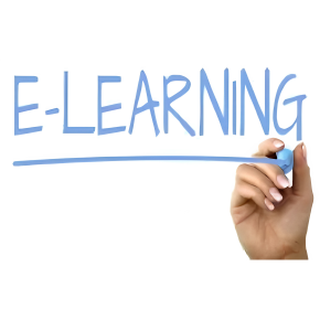 "E-LEARNING" written in blue with a hand holding a marker.